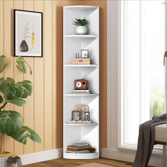 DWVO 5-Tier Corner Bookcase and Bookshelf, 5 Wooden Open Storage Book Shelves for Living Room Home Office White, White