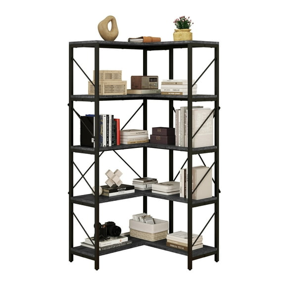 DWVO 5-Tier L-Shaped Bookcase Storage Organizer, Tall Corner Bookshelf Open Display Freestanding Storage,Dark Gray