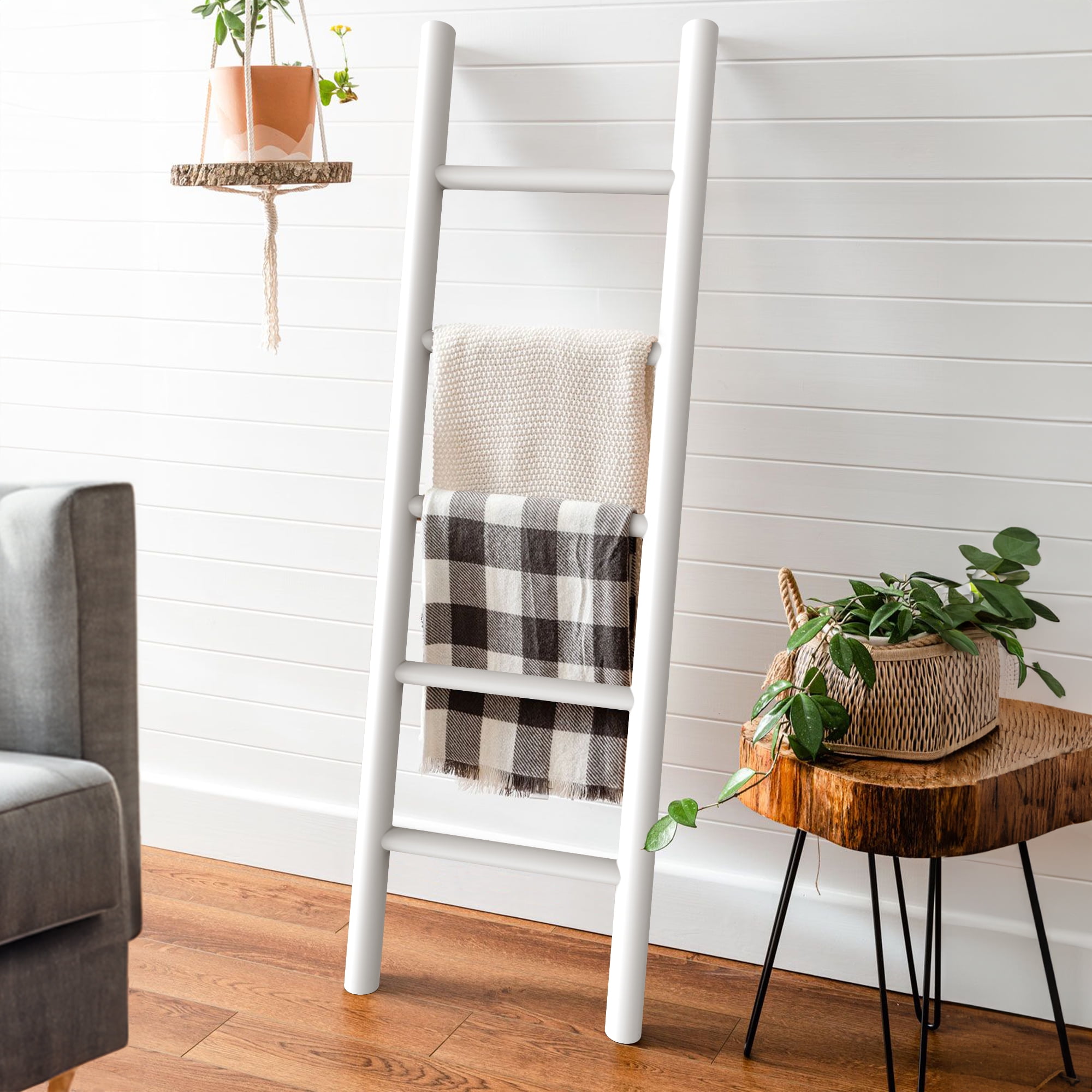 DWVO 5 ft Blanket Ladder Premium Wood Rustic Quilt Rack Decorative Farmhouse Ladder Shelf for Blankets Vintage Wooden Ladder Shelf White