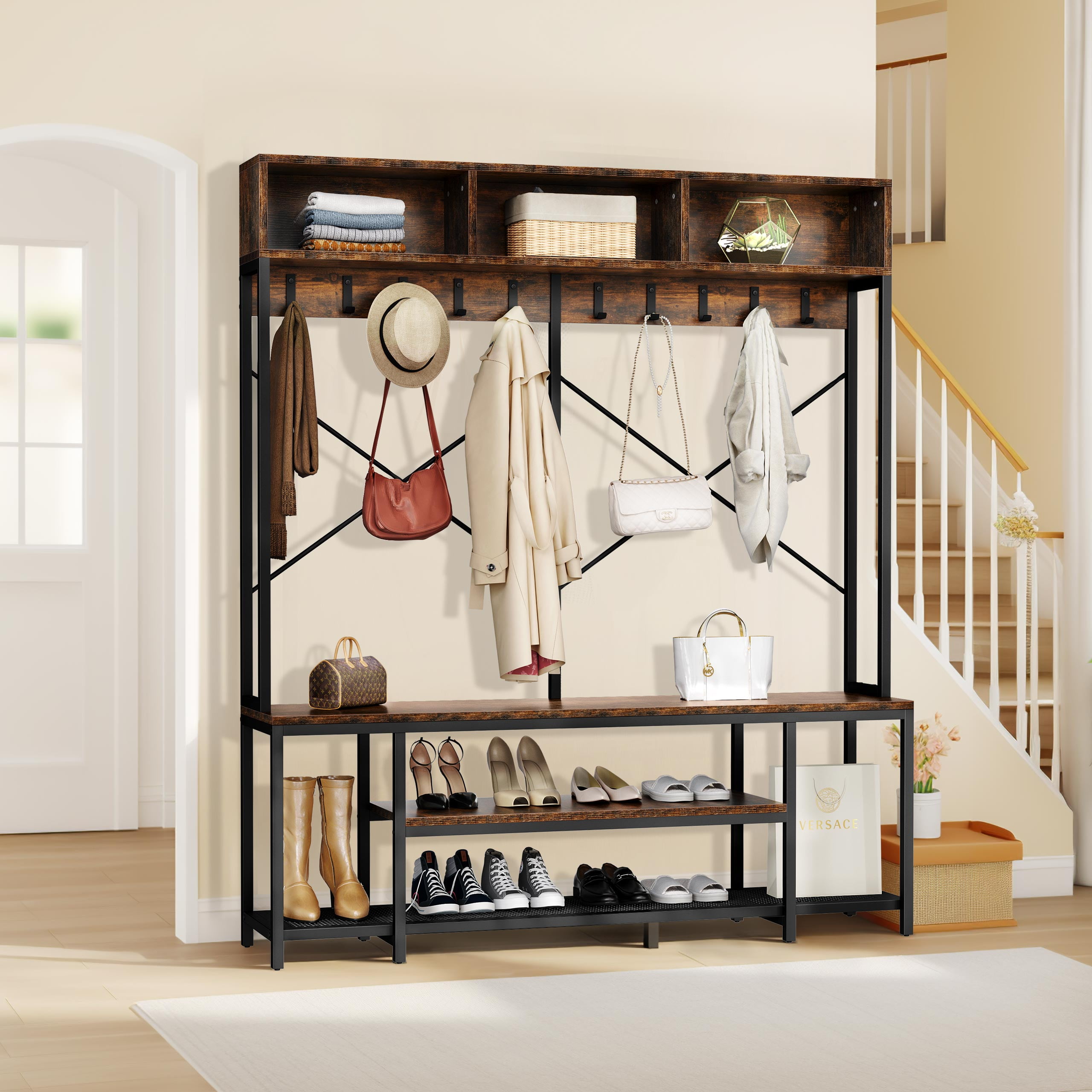 Rustic Brown Industrial Hall Tree with Storage Bench and Hooks