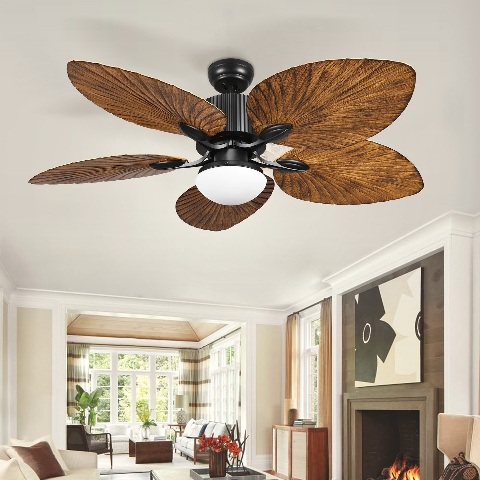 52 Inch Black and Brown Tropical Ceiling Fan with LED Light and Remote