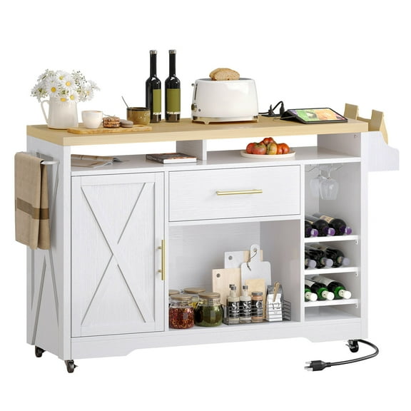 DWVO 53" Multifunctional Rolling Kitchen Island Cart with Power Outlet, Spice Rack, Wine Rack, White