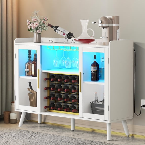 DWVO 53" Wine Bar Cabinet with Power Outlet, 2 Door Sideboard Storage Cabinet With RGB LED Lights, Wine Rack Glass Holder for Kitchen, Dining Room, Living Room, White