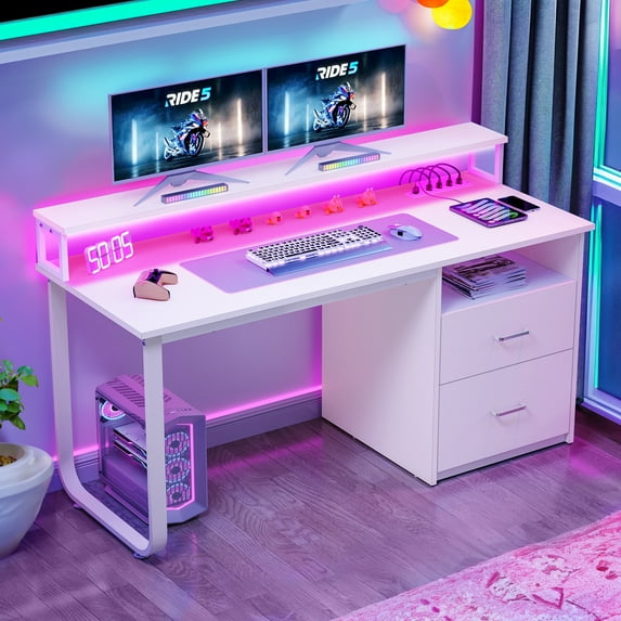 DWVO 55" Computer Desk with Storage Drawers & LED Light, Office Desk with Monitor Stand & Power Outlets, Work Study PC Desk for Small Spaces, Home Office, White