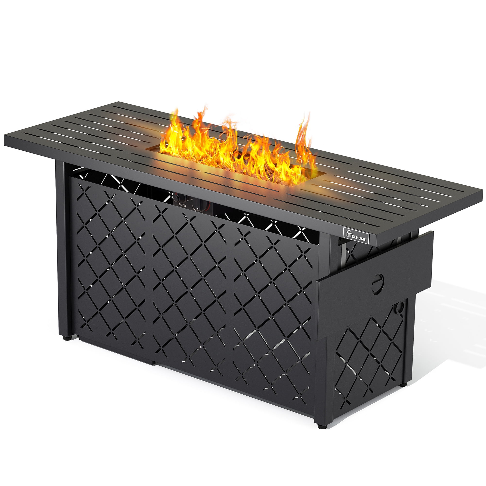 57-Inch Black Iron Gas Fire Pit Table with Lava Rocks