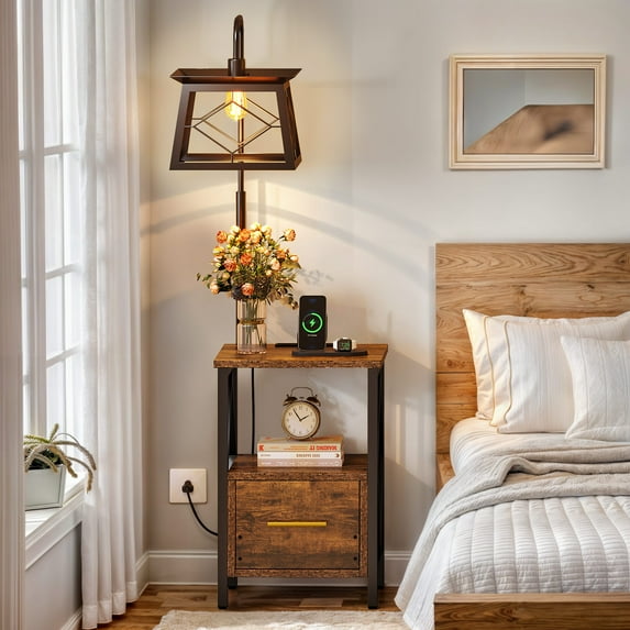 DWVO 58" Floor Lamp with End Table for Bedroom Livingroom, Farmhouse Side Table Nightstand with Lamp and Charging Station, Brown