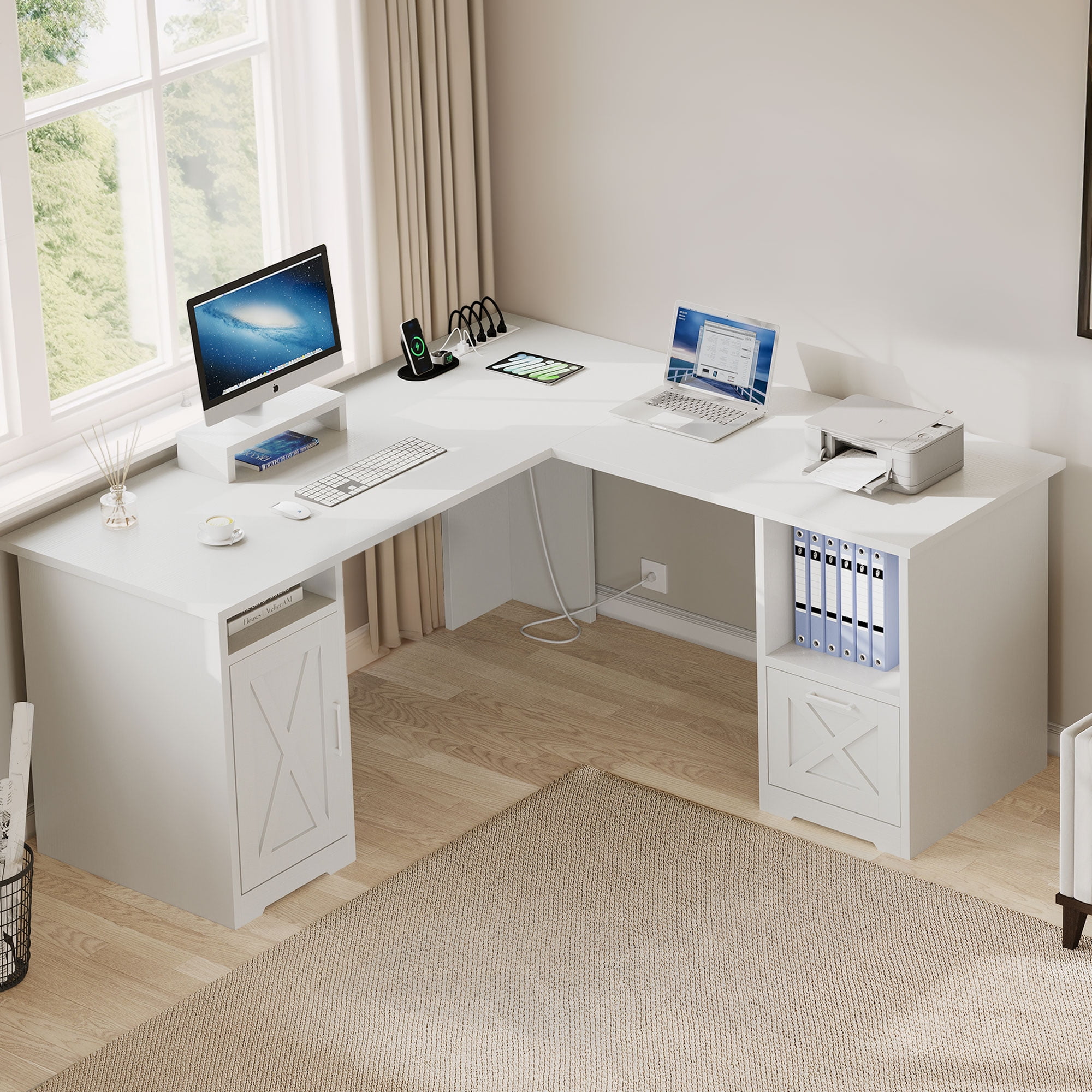 DWVO 59 Inch L-Shaped Desk with Power Outlet & USB Ports, Office Desk with File Cabinets, Large Computer Desk with Drawers, 2 Person Corner Desk Writing Desk with Storage Shelves, White