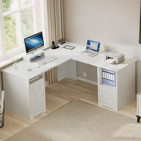 DWVO 59 Inch L-Shaped Desk with Power Outlet & USB Ports, Office Desk with File Cabinets, Large Computer Desk with Drawers, 2 Person Corner Desk Writing Desk with Storage Shelves, White
