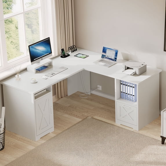 DWVO 59 Inch L-Shaped Desk with Power Outlet & USB Ports, Office Desk with File Cabinets, Large Computer Desk with Drawers, 2 Person Corner Desk Writing Desk with Storage Shelves, White