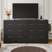 DWVO 6 Drawer Double Dresser with Antique Handles and USB Power Outlet, Wood Storage Cabinet Chest of Drawers Dresser for Bedroom, Living Room, Entryway and Hallway, Black