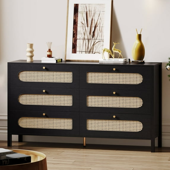 DWVO 6 Drawer Dresser, 47" Rattan Double Dresser with Handles, 3 Layers Chest of Drawers for Bedroom, Living Room, Black Oak