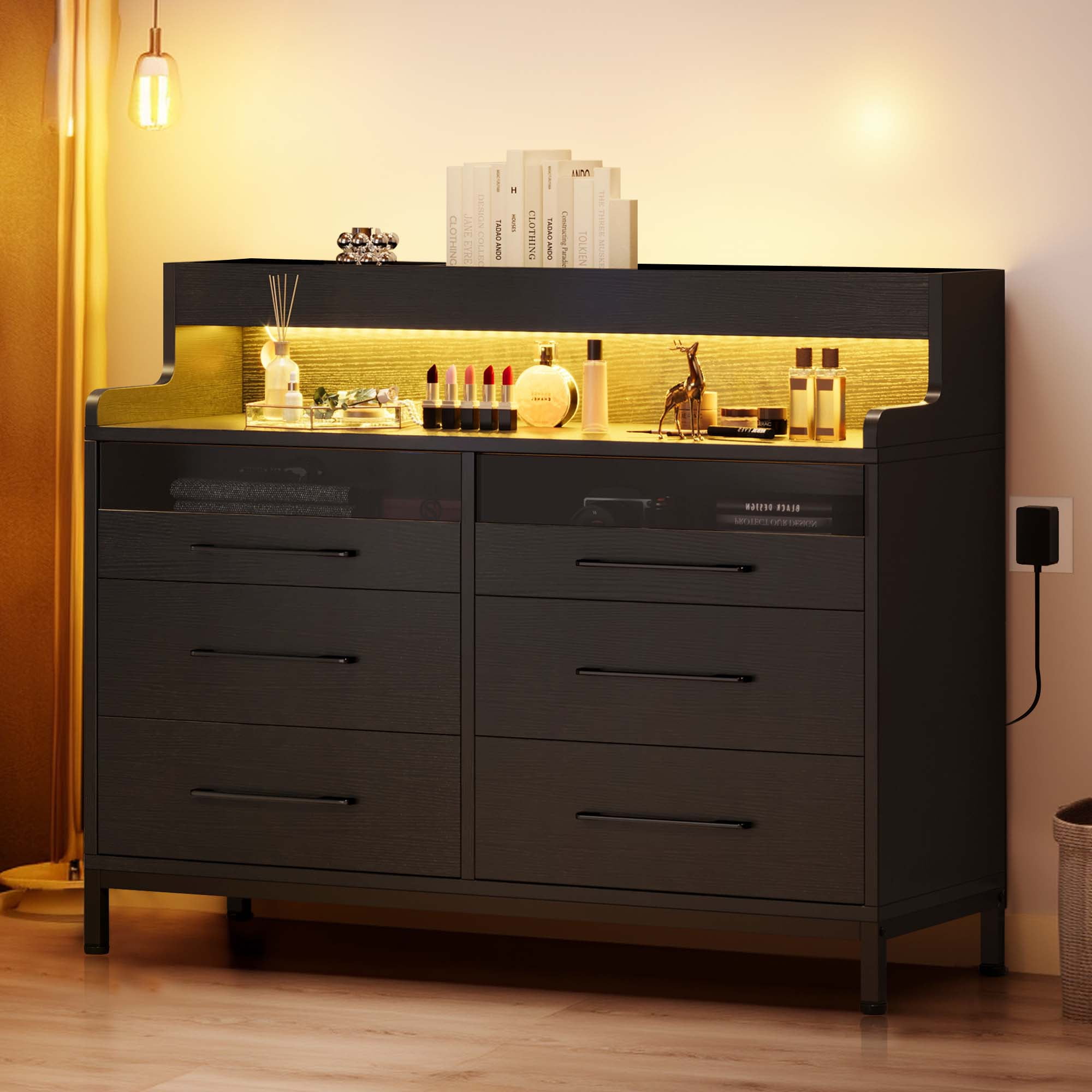 DWVO 6 Drawer Dresser for Bedroom, Double Dressers & Chests with LED