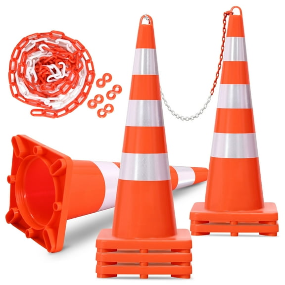 DWVO 6 Pcs Traffic Cones, 36" PVC Safety Cones with 16.4 ft Chain and Reflective Collars, Construction Cones for Road Parking Traffic Control, Driveway