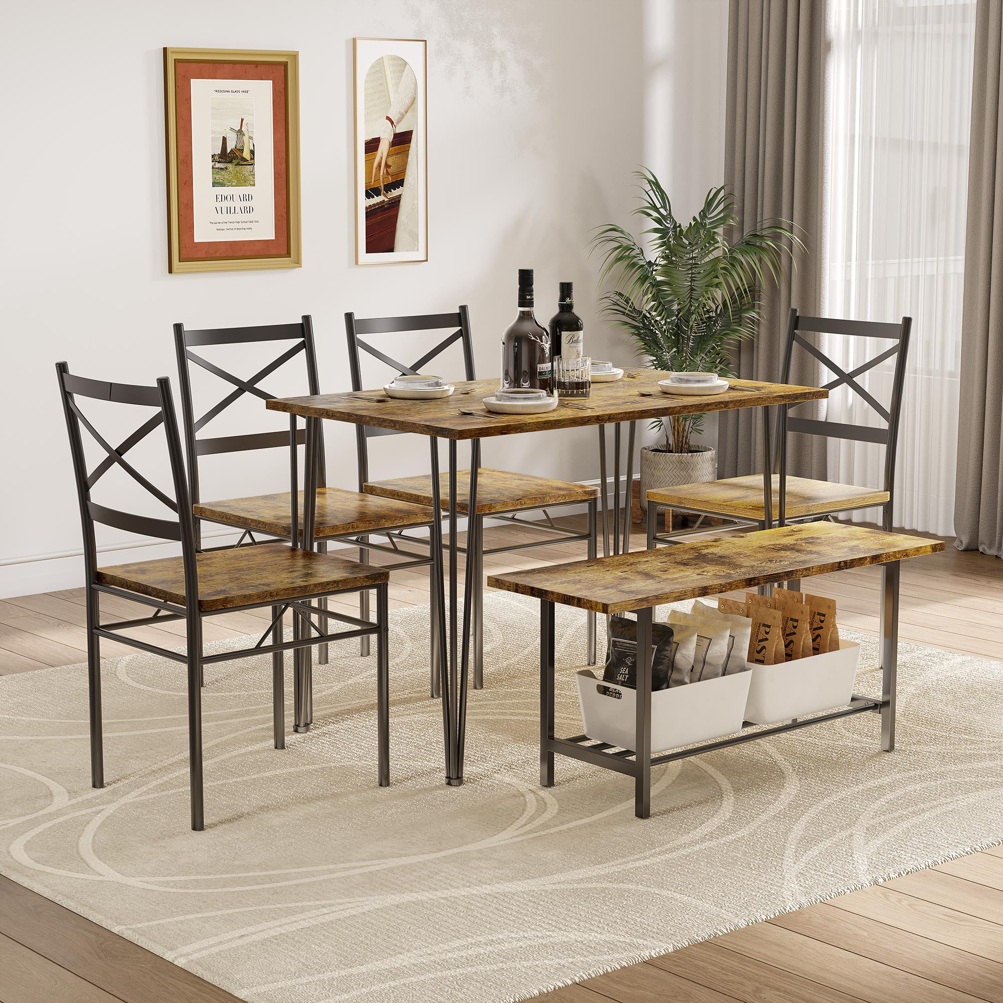 DWVO 6Piece Dining Table Set, Rectangular Dining Table, Bench, 4