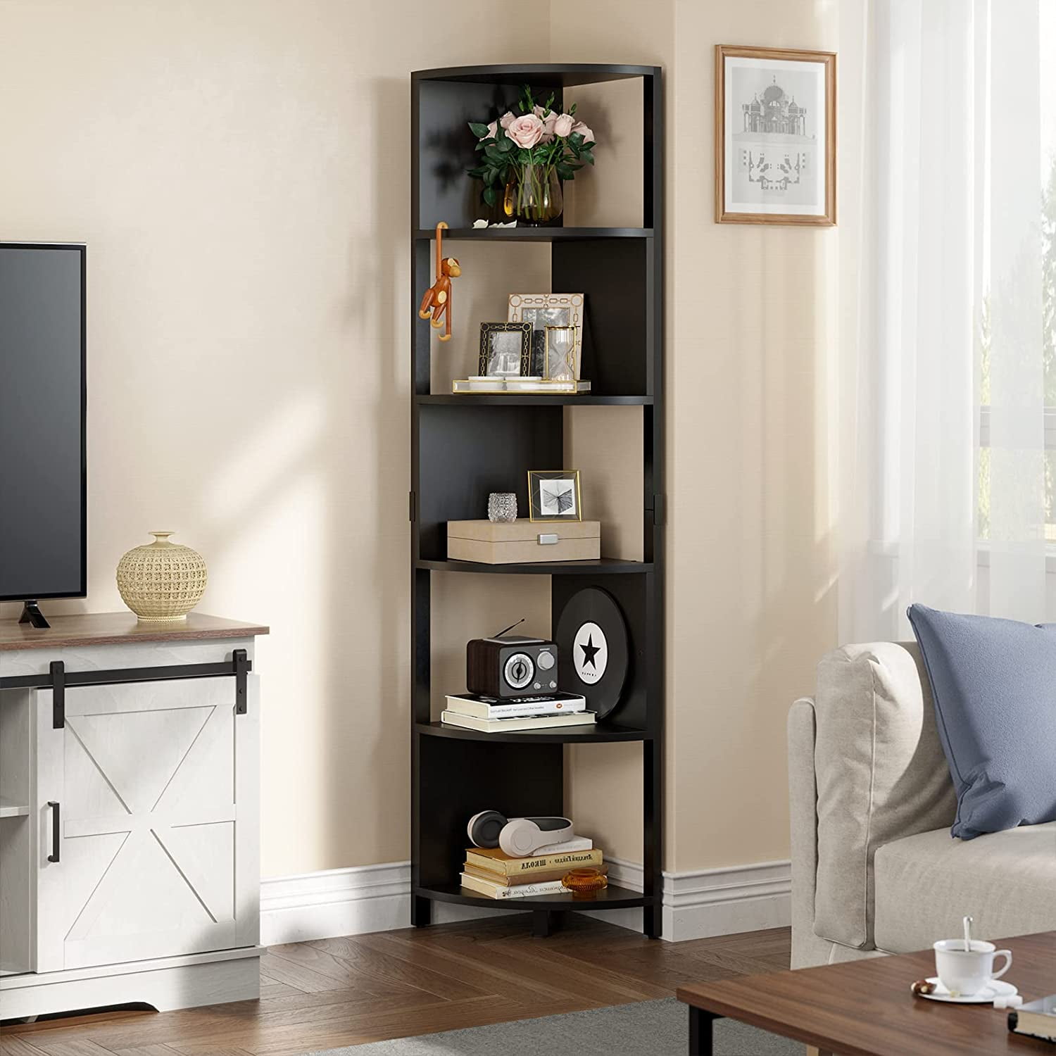 DWVO 6Tier Corner Shelf, Modern Free Standing Zigzag Open Shelf Corner