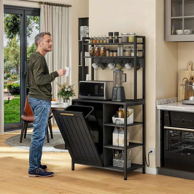 DWVO 6 Tier Kitchen Baker s Rack with Power Outlets 63 Microwave Stand with Hooks and Trash Bin Cabinet Black