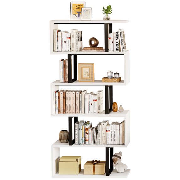 DWVO 6-Tier S-Shaped Bookshelf , Geometric Tall Bookcase Wooden, Open Display Storage Rack Shelves Freestanding Z-Shelf Open Shelf for Living Room Home Office, White