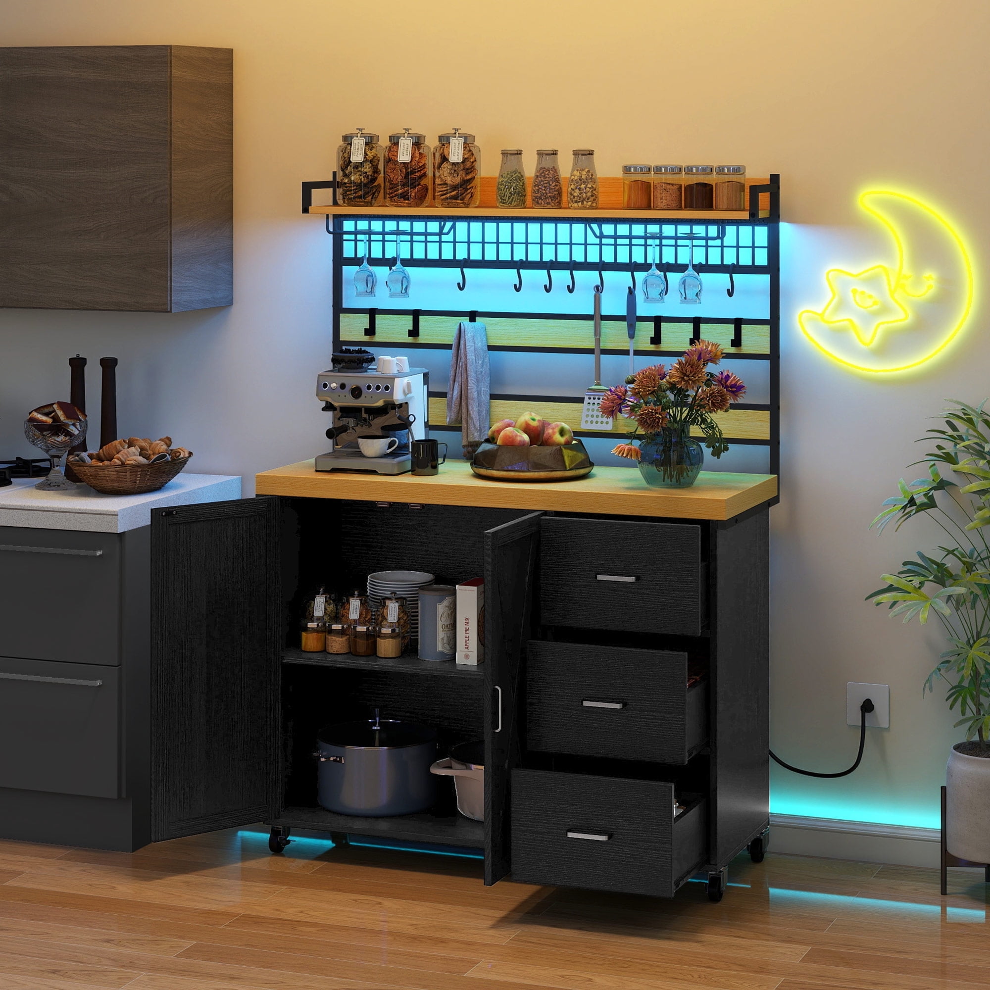 DWVO 64" Kitchen Island Cart with Storage Cabinet and 3 Drawers, Kitchen Island with 10 Hooks and Large Layer Rack, Rolling Kitchen Cart with 360 Lockable Casters, Black