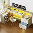 thumbnail image 1 of DWVO 65" L Shaped Desk with Power Outlets and Monitor Stand , Computer Desk with LED Light &File Cabinet, Corner Desk with 3 Drawers & 4 Open Storage Shelves, Modern Home Office Desk, Oak, 1 of 10