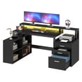 thumbnail image 1 of DWVO 65" L Shaped Desk with Power Outlets and Monitor Stand , Computer Desk with LED Light &File Cabinet, Corner Desk with 3 Drawers & 4 Open Storage Shelves, White Modern Home Office Desk, Black, 1 of 11