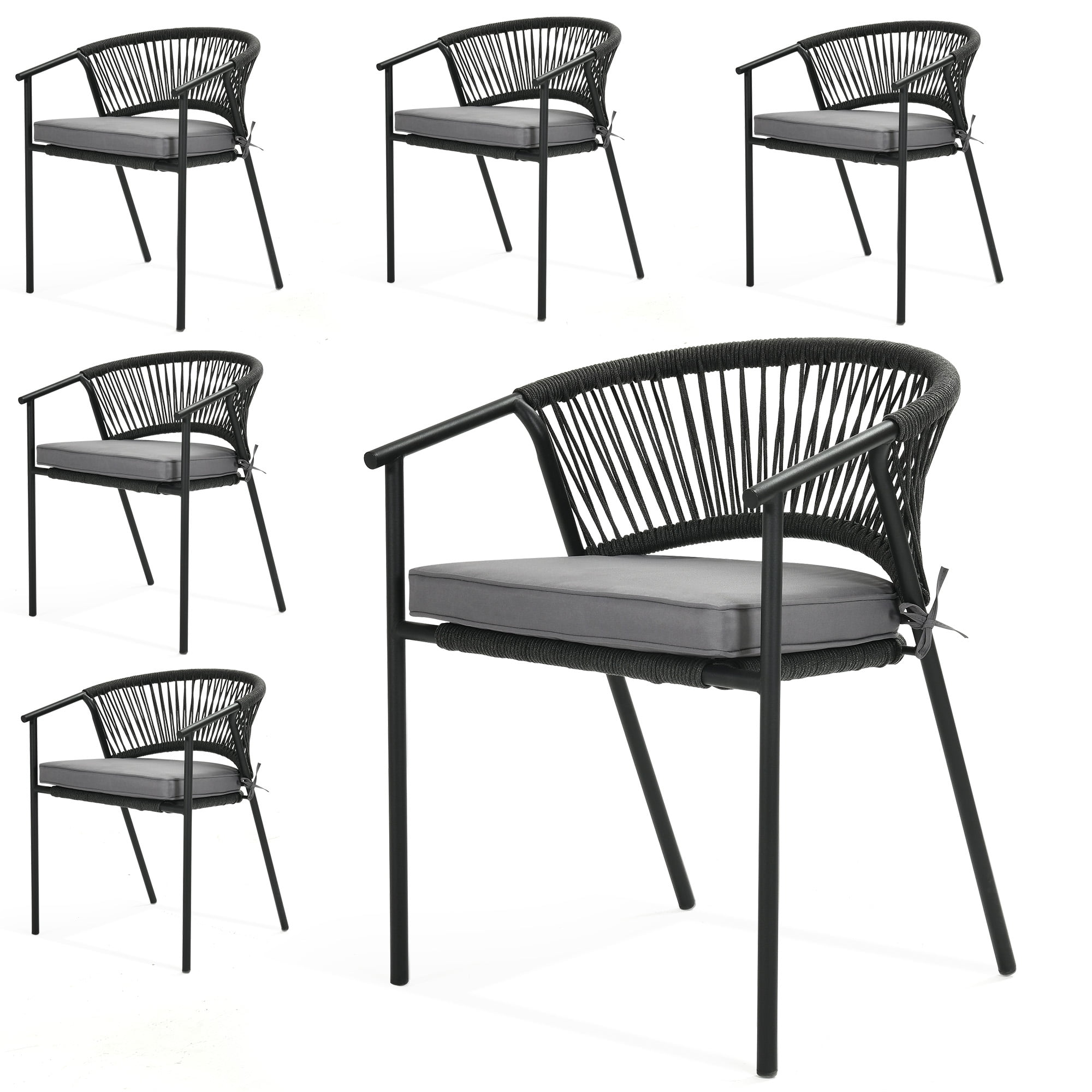 Gray Rope Woven Stackable Outdoor Dining Chairs with Cushions