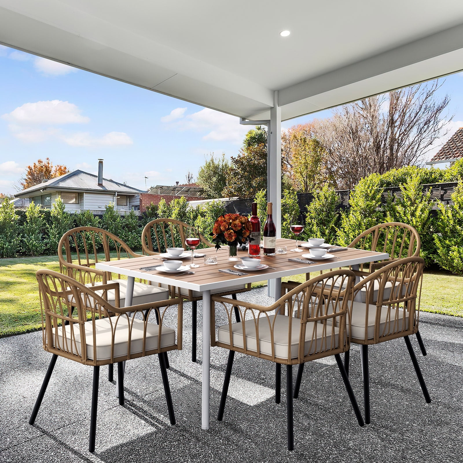DWVO 7 Piece Outdoor Patio Dining Set Rattan Wicker Table with Umbrella Hole for 6 People Patios Backyard Walmart