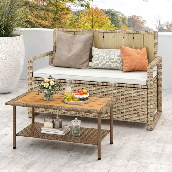 DWVO 70 Gallon Outdoor Storage Bench w/Cushion and Coffee Table, Wicker Storage Deck Box w/Seat, All-Weather Rattan Storage Seating for Patio Furniture