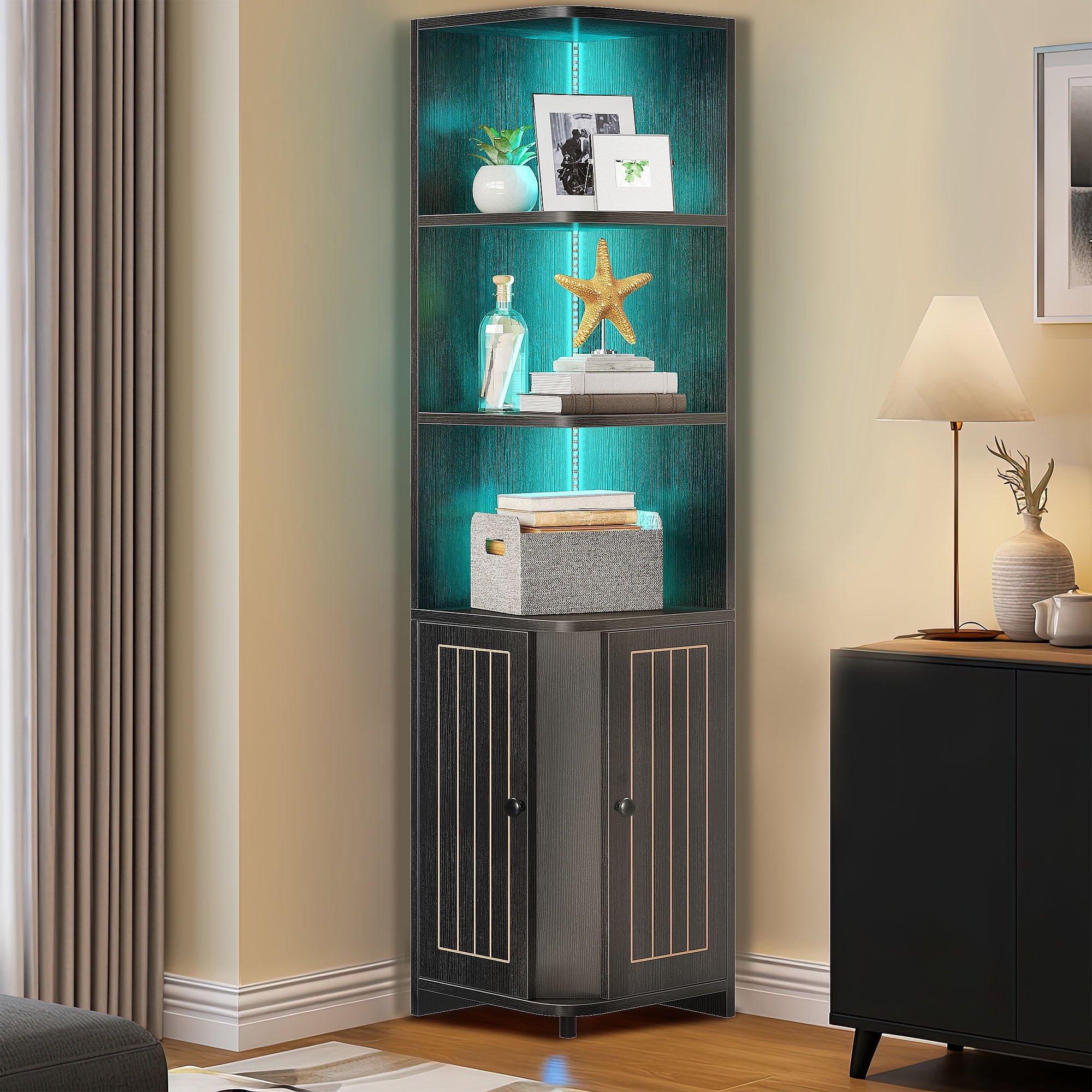 Black Adjustable Corner Cabinet with LED Lights and Storage