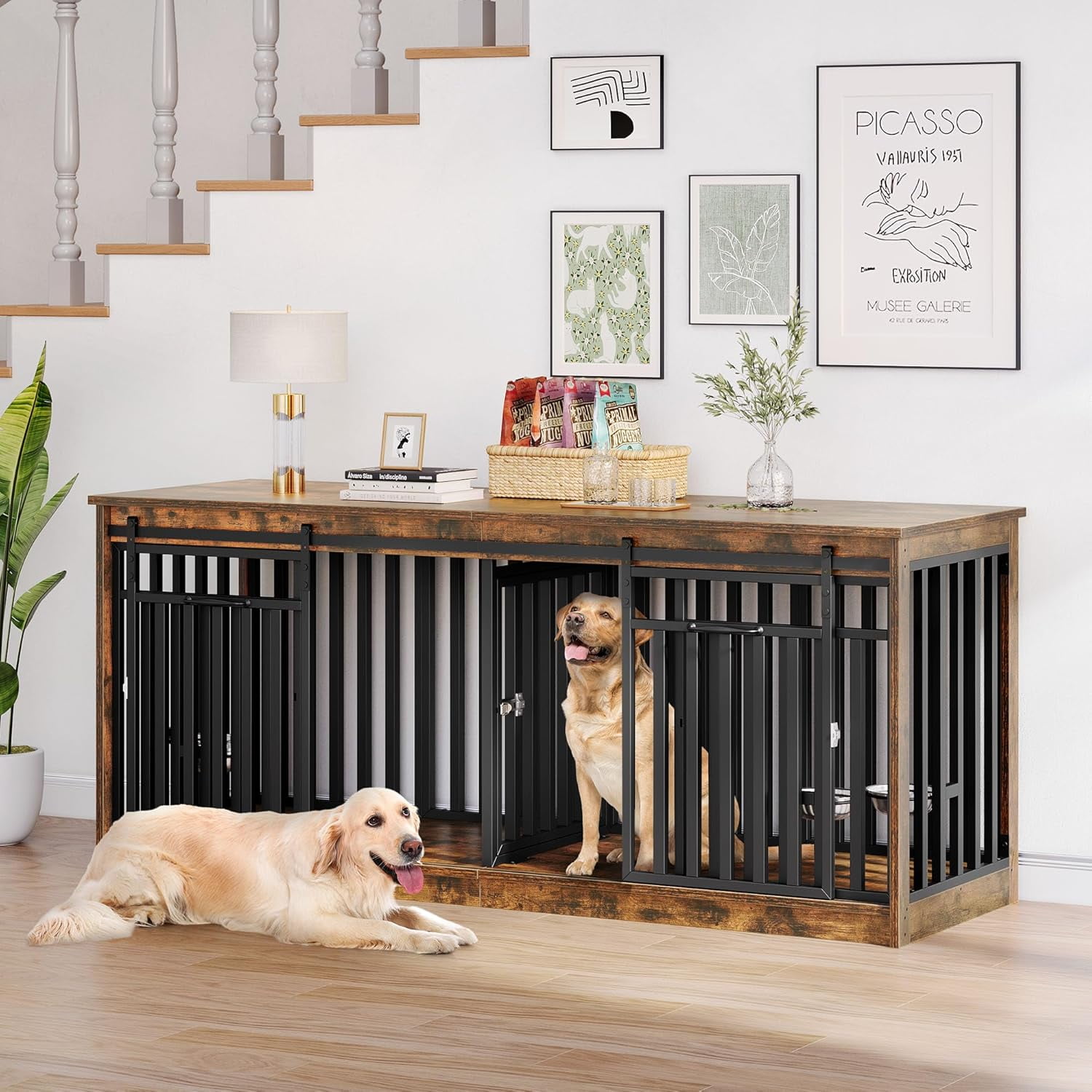 DWVO 71" Double Dog Crate Furniture for 2 Medium Dogs, Heavy Duty Wood