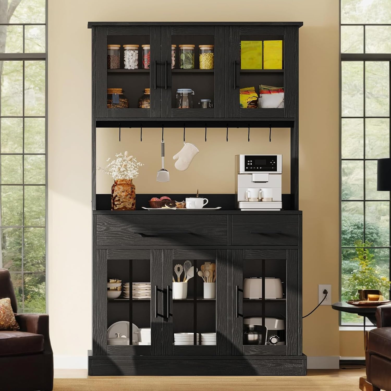 DWVO 71" Tall Kitchen Pantry Storage Cabinet with Power Outlet, Freestanding Cupboard Storage Buffet Hutch with Microwave Stand, Storage Pantry with Drawers & Glass Doors, Black