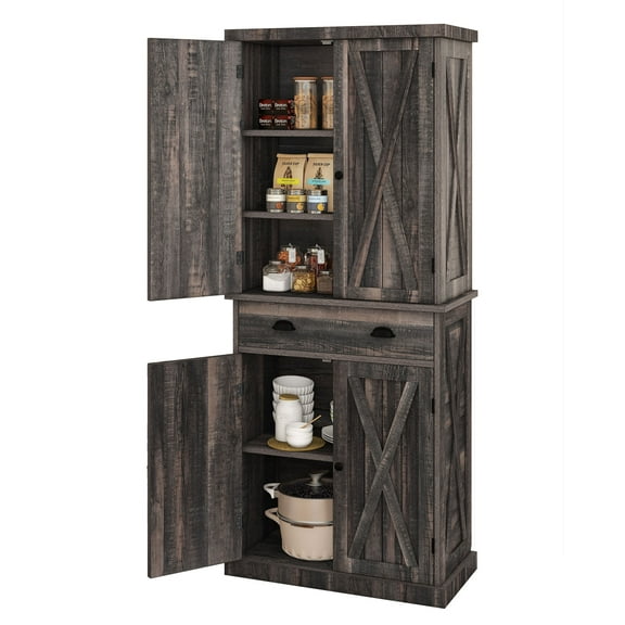 DWVO 72" Kitchen Pantry Storage Cabinet, Large Drawer Farmhouse Storage Cabinet with 4 Doors, 6-Tier Freestanding Buffet Cupboards for Dining Room Living Room, Rustic Oak