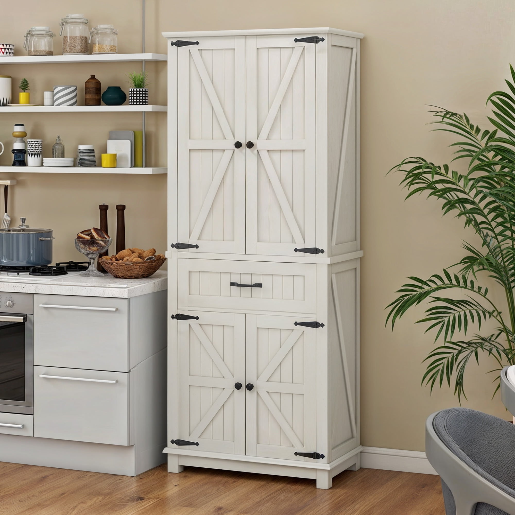 DWVO 72" Pantry Cabinet with Doors and Adjustable Shelves, Kitchen Storage Cabinet with Drawer, Oak White
