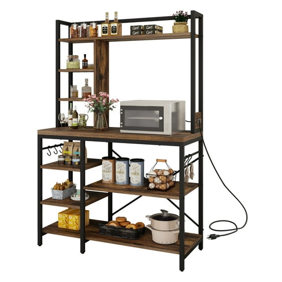 DWVO 8 Tier Kitchen Bakers Rack with Power Outlets, 39" Freestanding Microwave Stand with 6 S-Shaped Hooks, Kitchen Storage Shelf Organizer, Rustic Brown