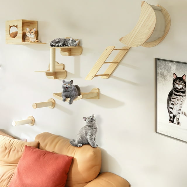 DWVO 8PCS Wall Mounted Wood Cat Climber Set Cat Shelves and Perches