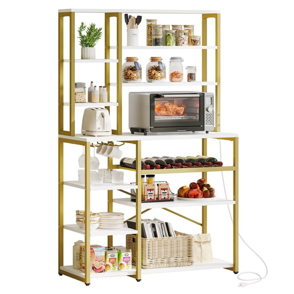 DWVO 9 Tier Kitchen Bakers Rack with Power Outlets, 39 Freestanding Microwave Stand with Wine Rack & Goblet Holder, Kitchen Storage Shelf Organizer for Home Kitchen, White Gold