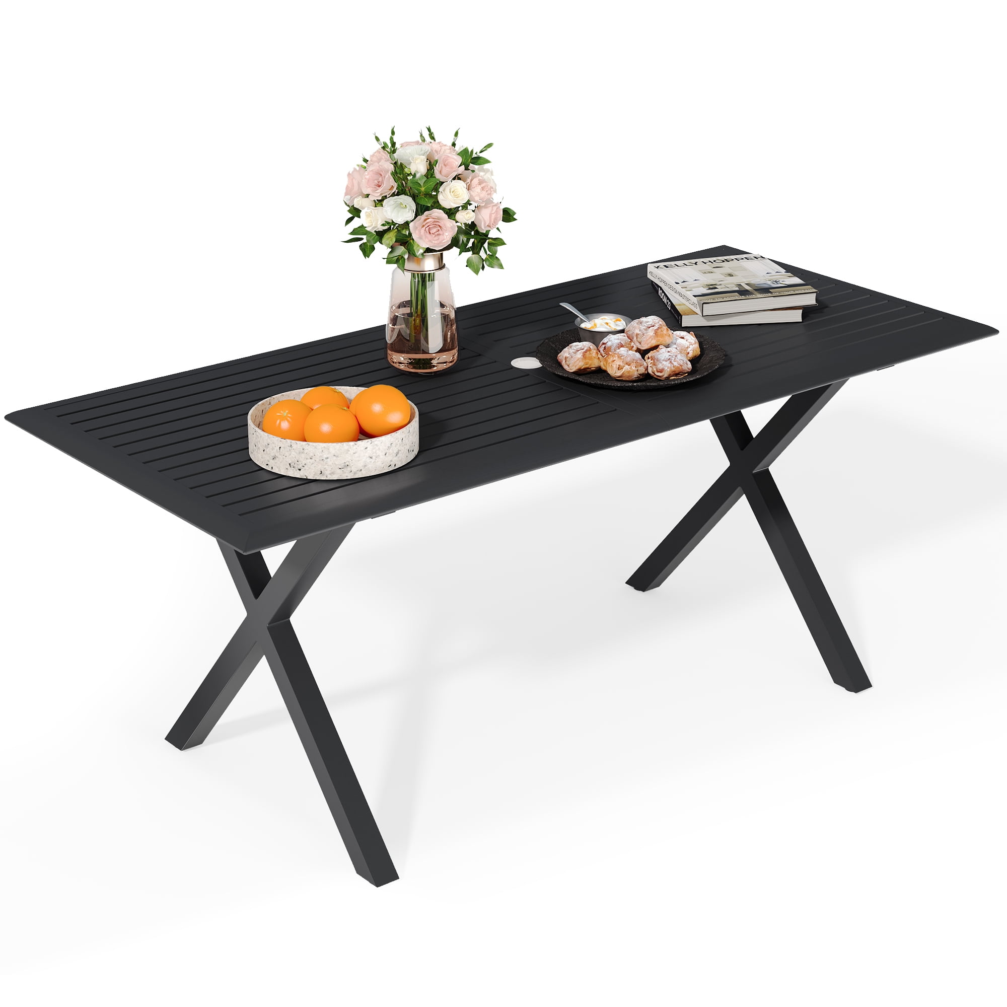 LETATA Outdoor Cast Aluminum Dining Table - 59-inch Rectangular Bistro Table With Umbrella Hole For Patio, Porch, Or Backyard