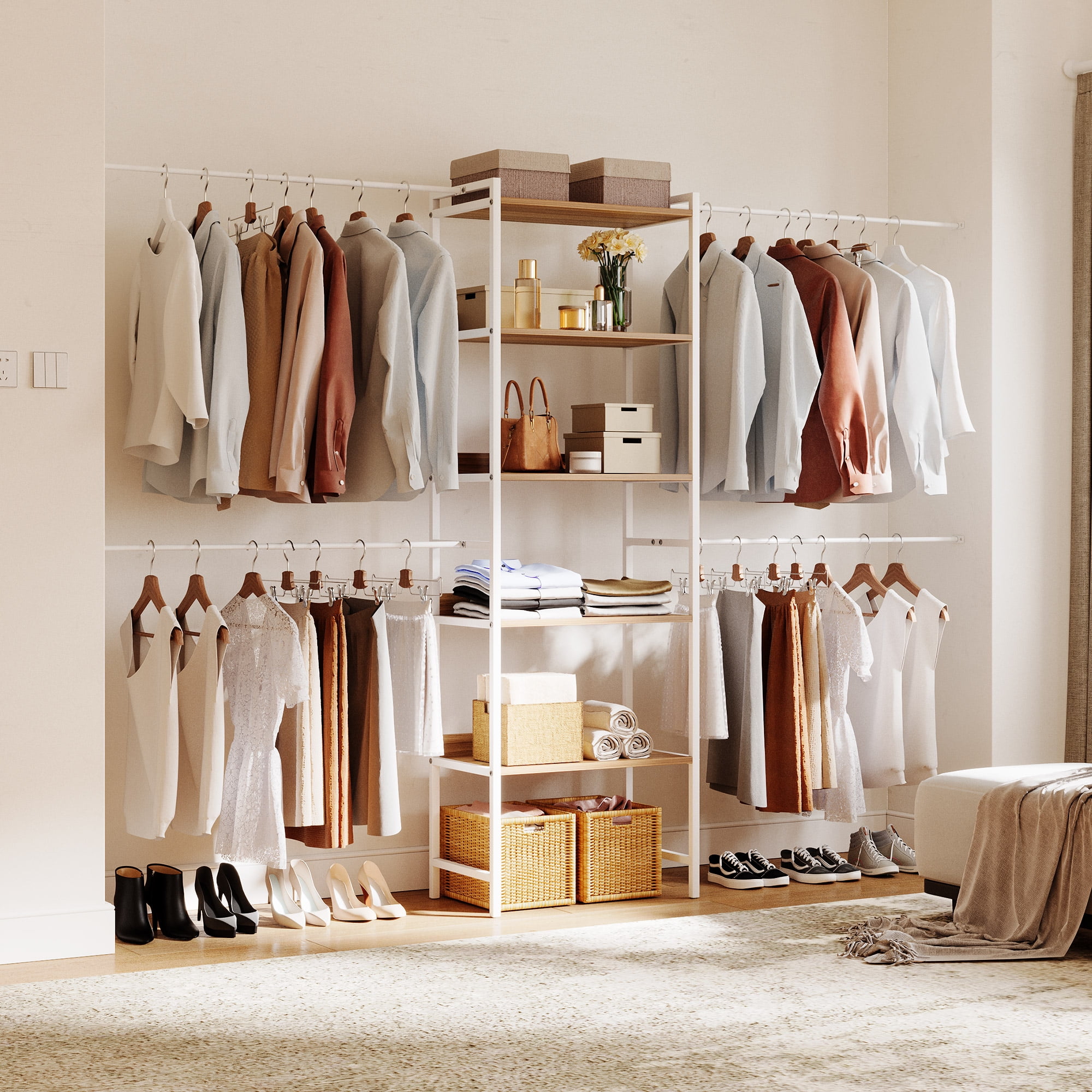 DWVO Walk-In Closet Organizer, Heavy Duty, Expandable Hanger Rods, Wood ...
