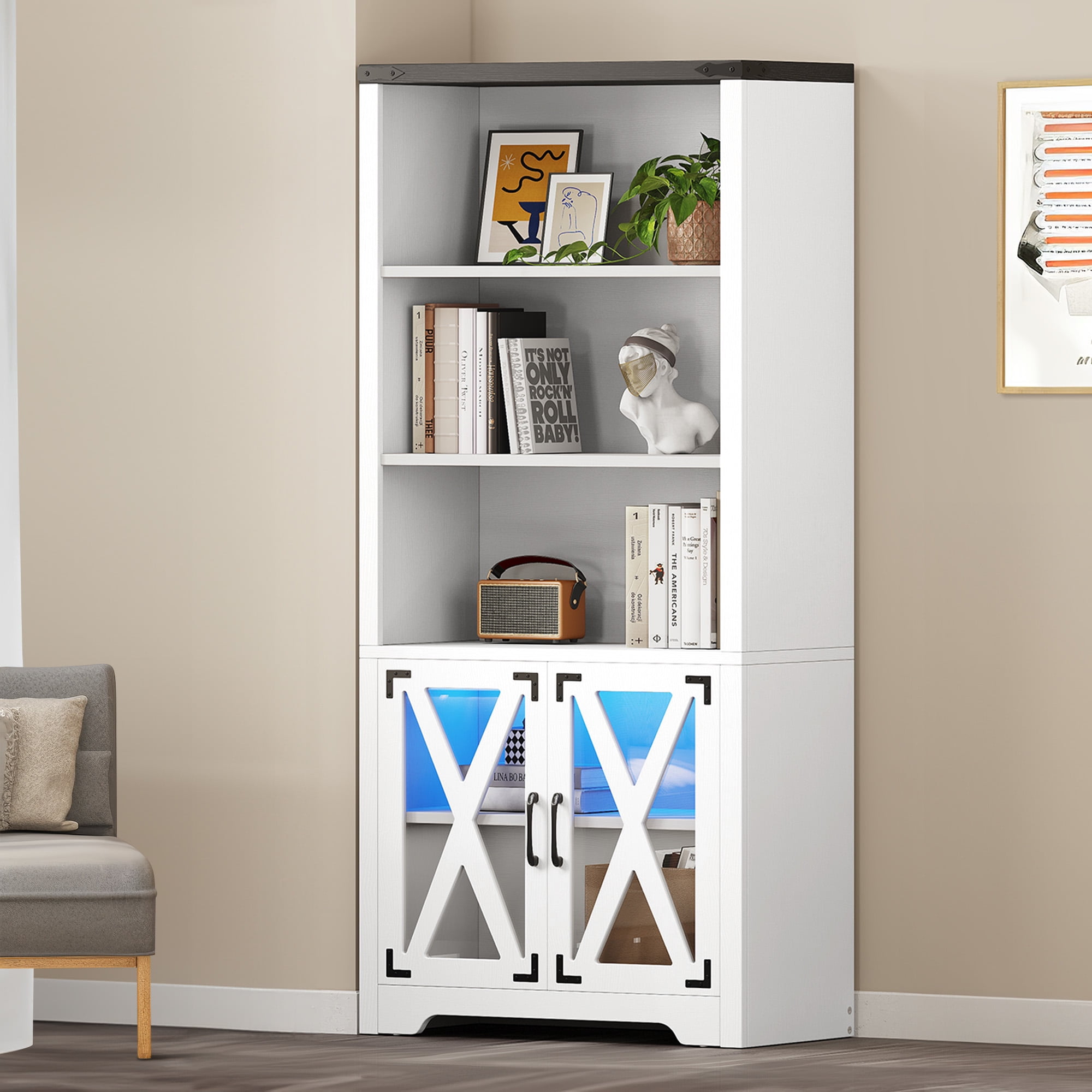 White Adjustable 5-Tier Bookcase with Doors and LED Light