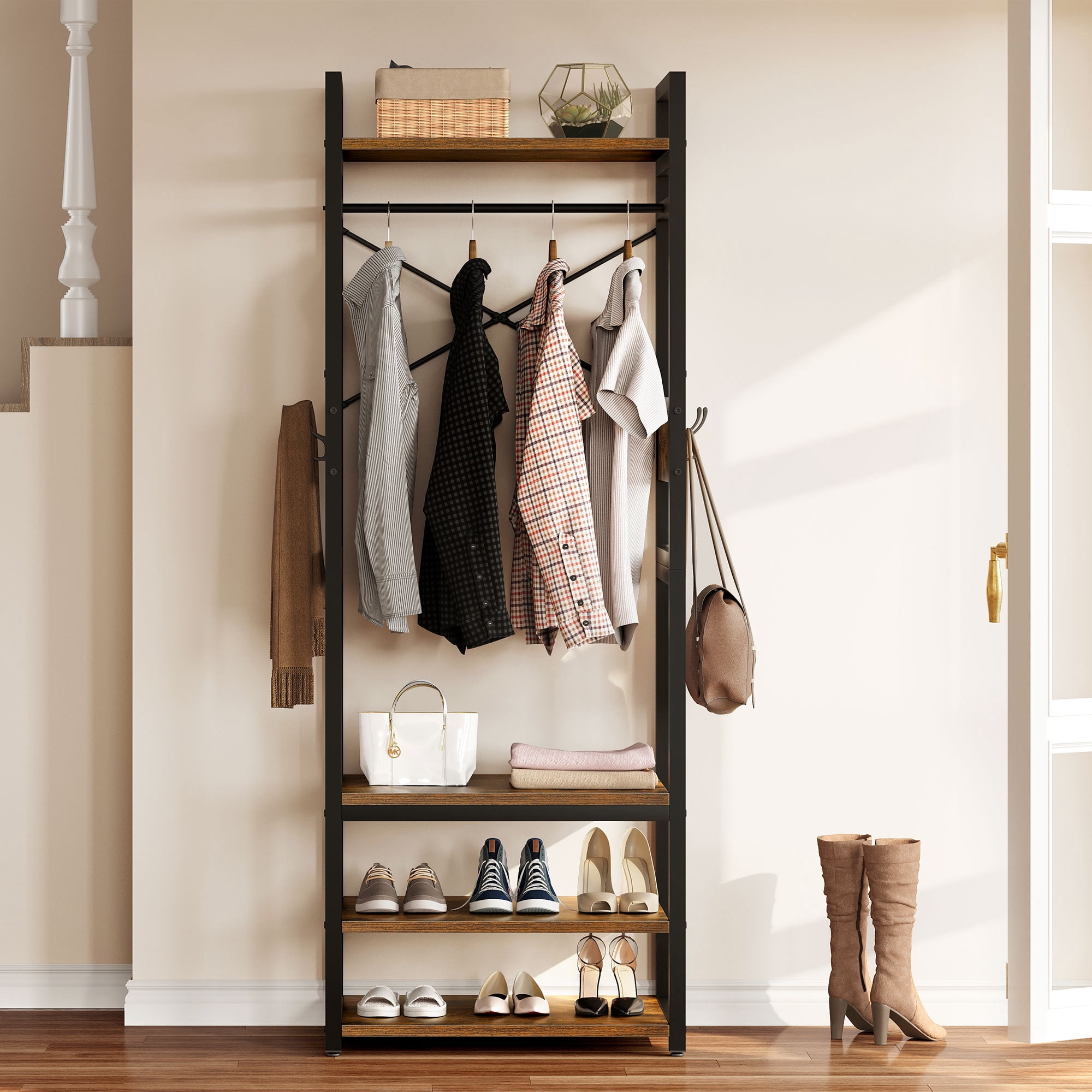 DWVO Metal Coat Rack Stand with Shelves, Hooks & Hanging Rod, Entryway ...