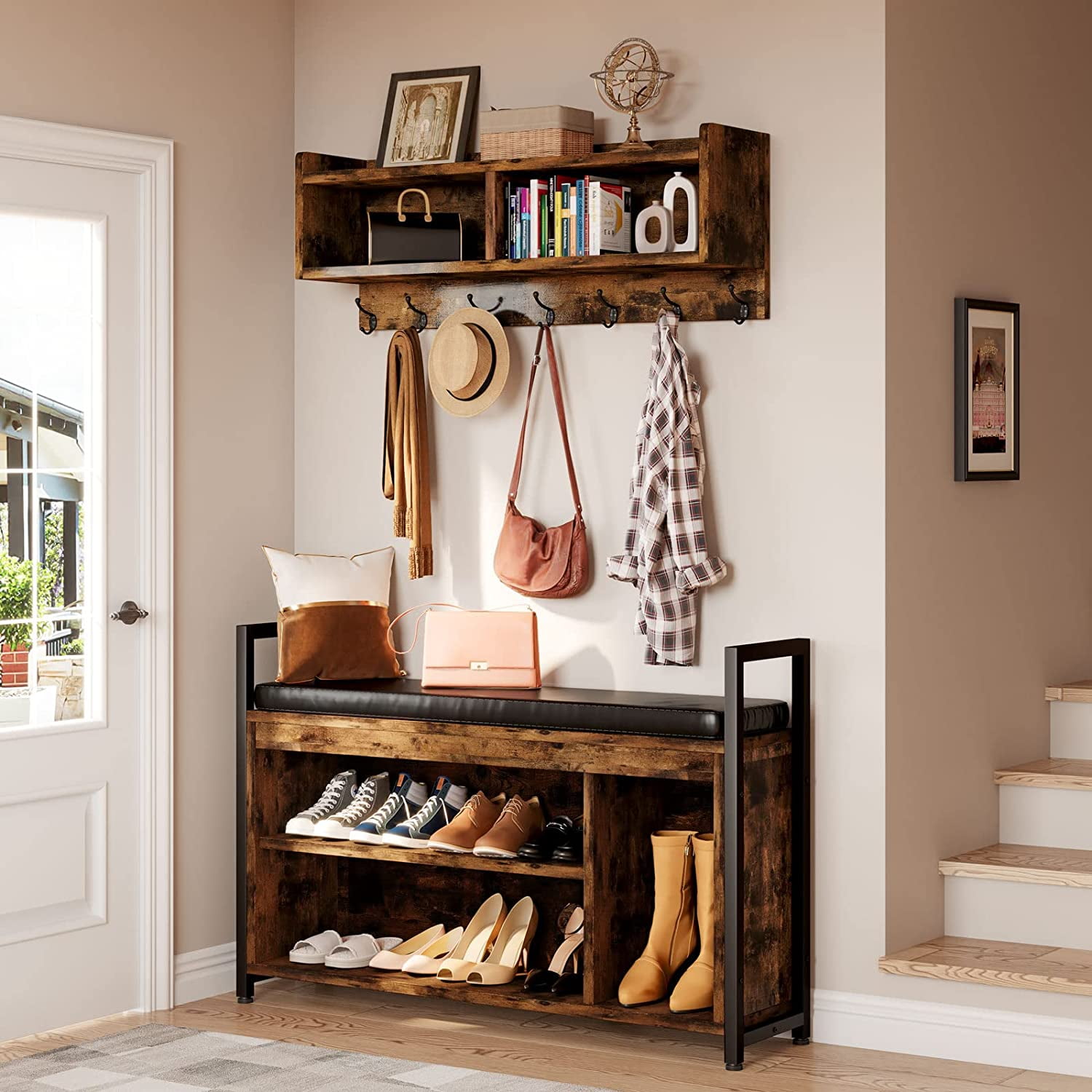 Coat Rack Shoe Rack Combo DWVO Coat Rack Shoe Bench Set, Wall Coat Rack with Shoe Storage ...