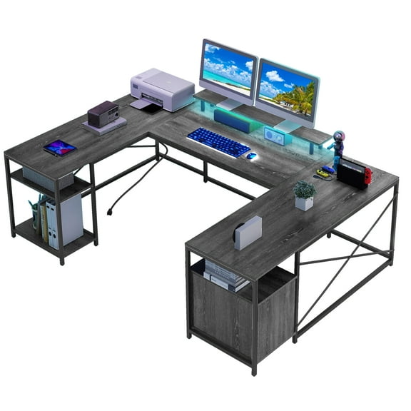 DWVO Computer Desk with Power Outlets & LED, U Shaped Desk, L Shaped Desk with Drawers, Large Reversible Corner Gaming Desk with Monitor Stand & Storage Shelves, 2 Person Office Desk, Gray