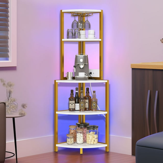 DWVO Corner Shelf with Power Outlets, LED Lights, 5Tier Corner Bar