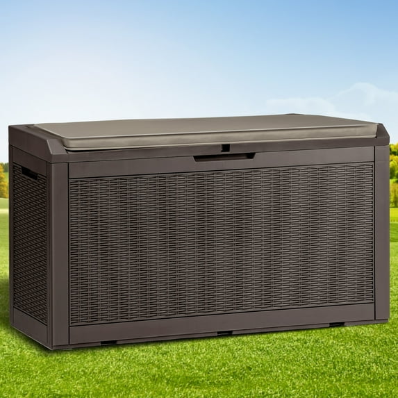 DWVO Deck Box: 100 Gallon Patio Large Storage Cabinet Large Resin Patio Storage for Outdoor Pillows, Garden Tools and Pool Supplies, Waterproof, Lockable | Brown