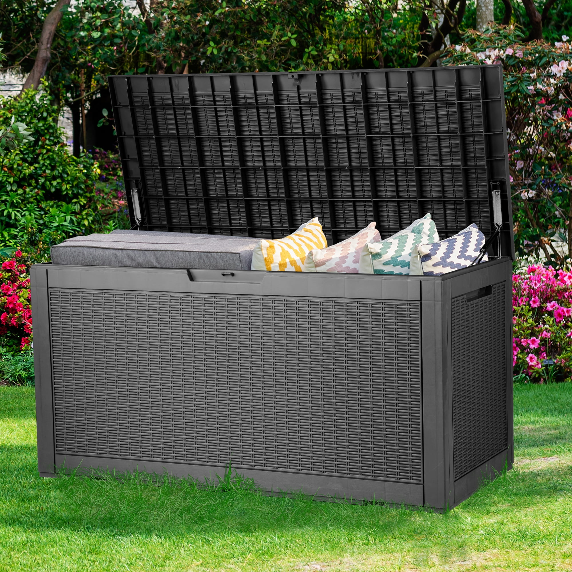  YITAHOME 100 Gallon Large Resin Deck Box Outdoor Storage with  Cushion for Patio Furniture, Outdoor Cushions, Garden Tools and Pool  Supplies-Waterproof,Lockable (Dark Grey) : Patio, Lawn & Garden