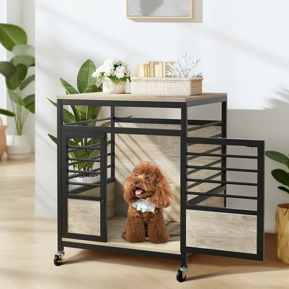 DWVO Dog Crate Furniture Wooden Dog House with Wheels for Small Medium Large Dogs - Brown & Black