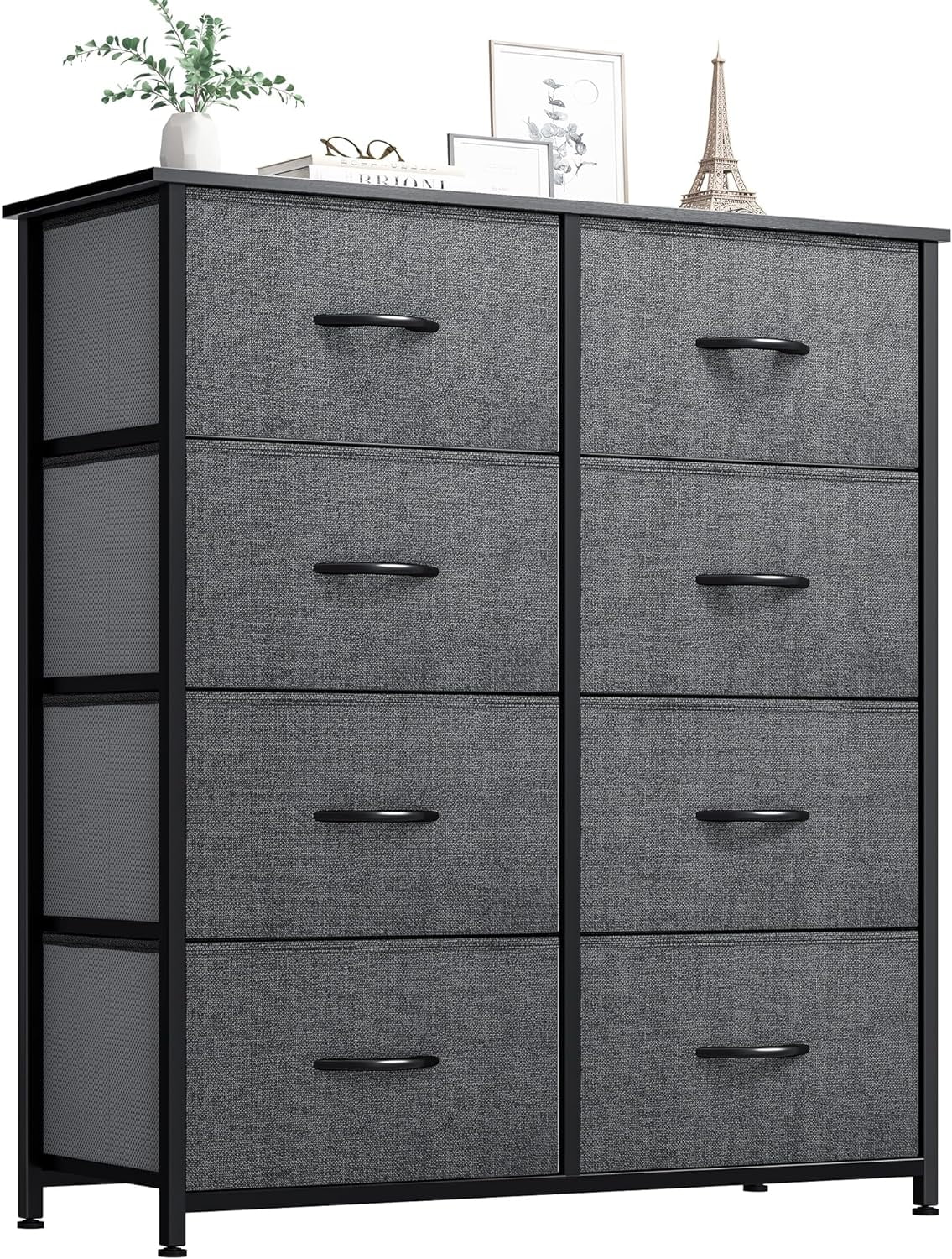 Gray Fabric 8-Drawer Tall Dresser with Black Metal Frame