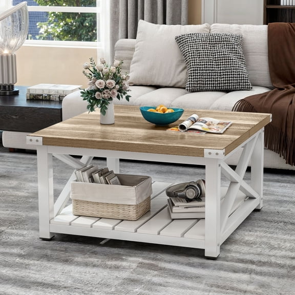 DWVO Farmhouse Coffee Table Square Center Table End Table with Open Storage Shelf for Living Room Home, Gray Wash
