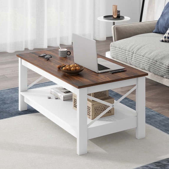 DWVO Farmhouse Coffee Table with Storage, 2-Tier Thicken Wood Accent Cocktail Center Table for Living Room, Brown