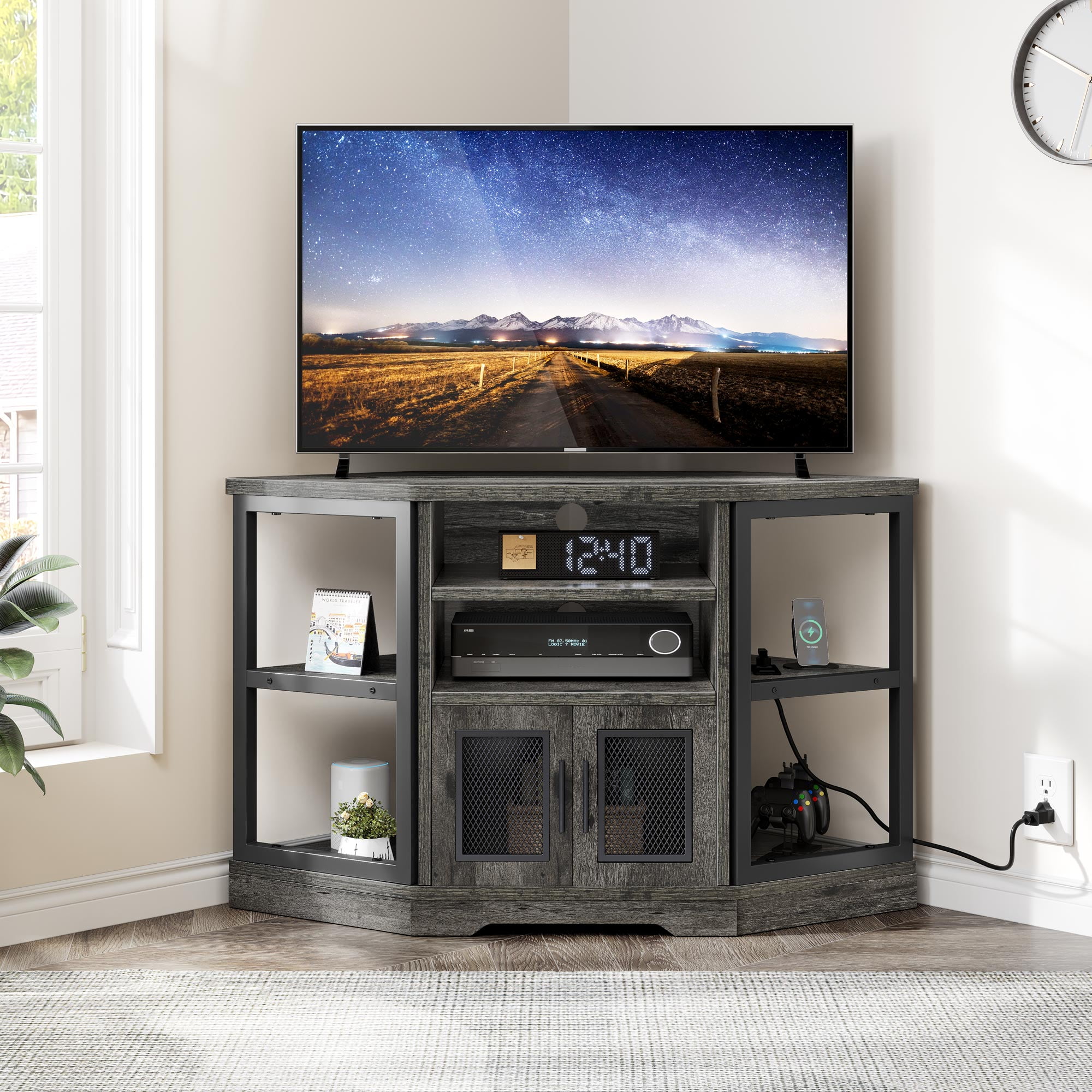 DWVO Farmhouse Corner TV Stand for TVs up to 55 inch with Power Outlet, Farmhouse Entertainment