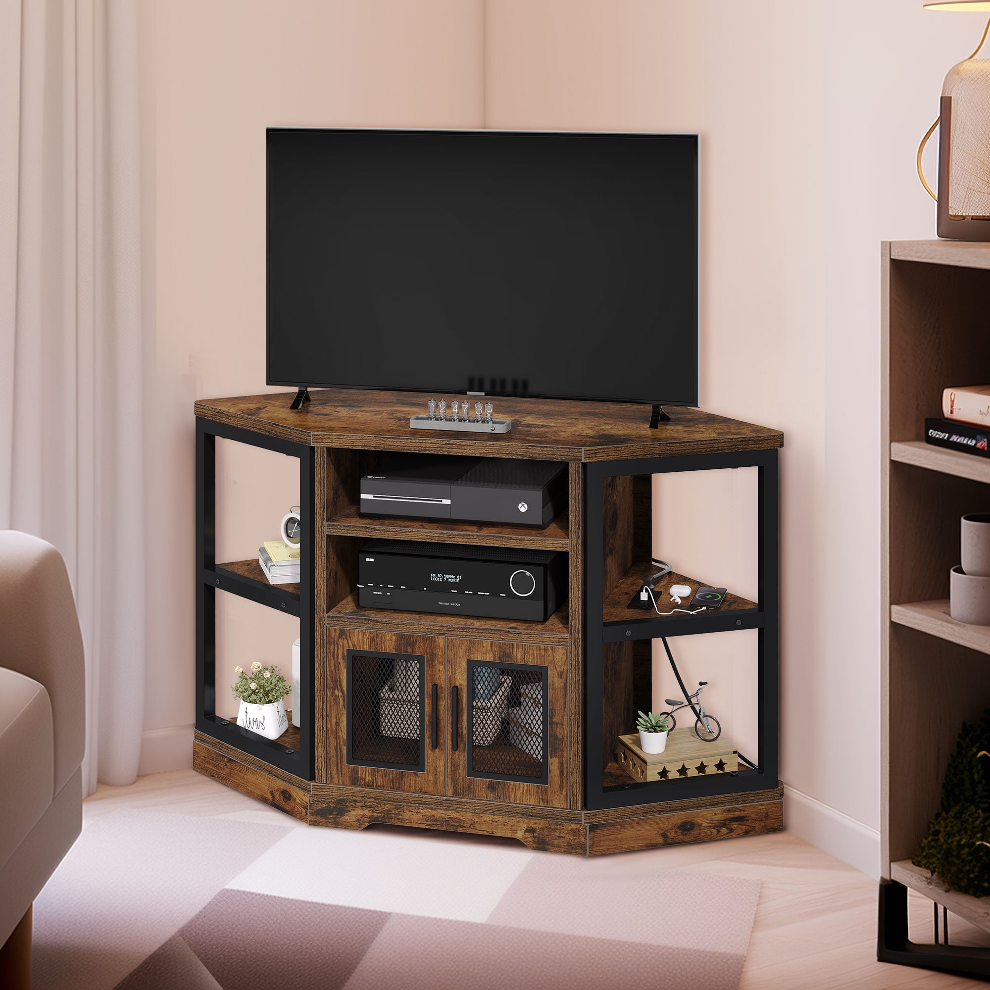 DWVO Farmhouse Corner TV Stand for TVs up to 55 inch with Power Outlet